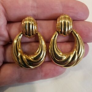 Vintage Napier Gold-Tone Sculpted Hoop Drop Earrings